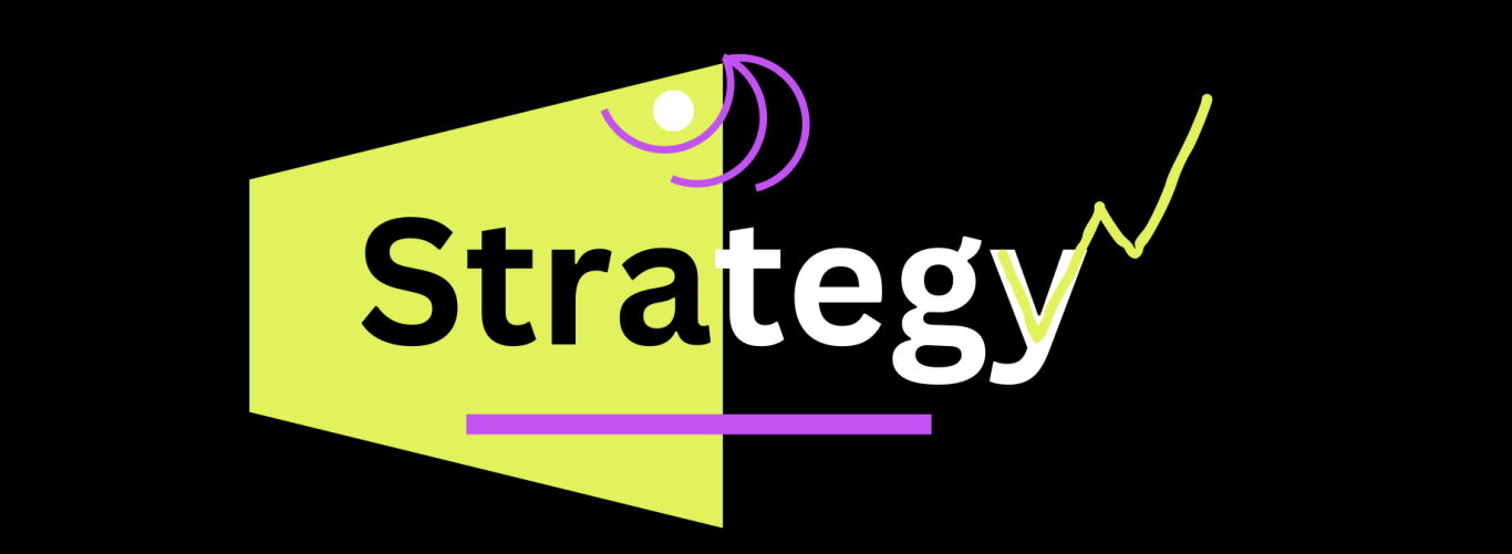 Collage zeigt das Wort 'Strategy' in weißer Schrift auf schwarzem Hintergrund mit einer gelben Fläche, begleitet von einer aufsteigenden gelben Linie und lila Akzenten. Text: SEO Strategie/Konzept Beratung 