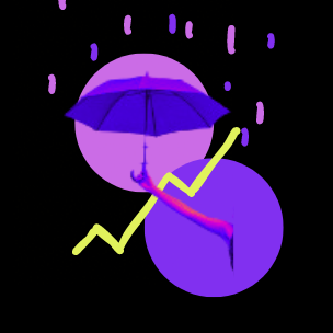 Ein Regenschirm mit einem Arm in einem stilisierten Regenhintergrund und einer ansteigenden Kurve, der kreative Ansätze verdeutlicht