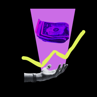 Eine Hand hält einen Dollar-Schein, darüber eine gelbe Wachstumskurve, die für Transparenz in der Strategieentwicklung steht.